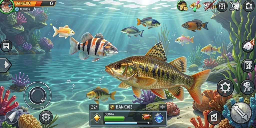 Screenshot gameplay yang menampilkan aksi memancing seru di BANK303.