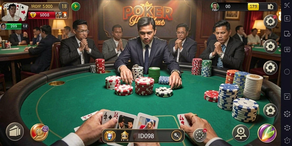 Tampilan gameplay yang mendebarkan di ID098 dengan banyak aksi poker.