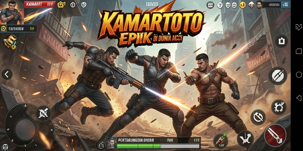 Screenshot utama KAMARTOTO menunjukkan pertempuran epik dan grafis yang menakjubkan.