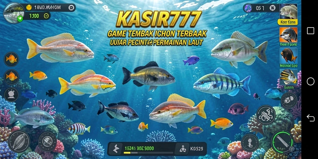 Screenshot gameplay KASIR777 menampilkan aksi seru menembak ikan di bawah laut.