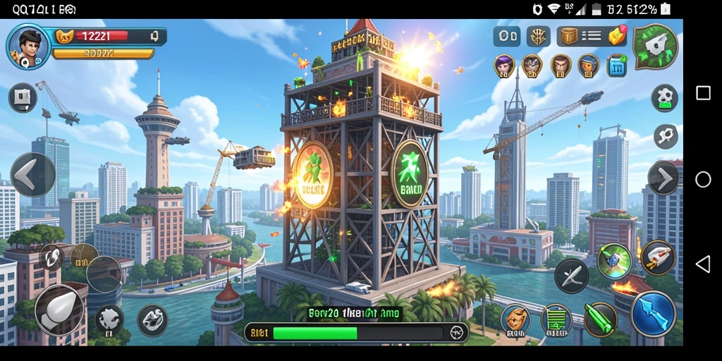 Screenshot dari gameplay QQ1221 yang menampilkan menara pertahanan dan strategi permainan.
