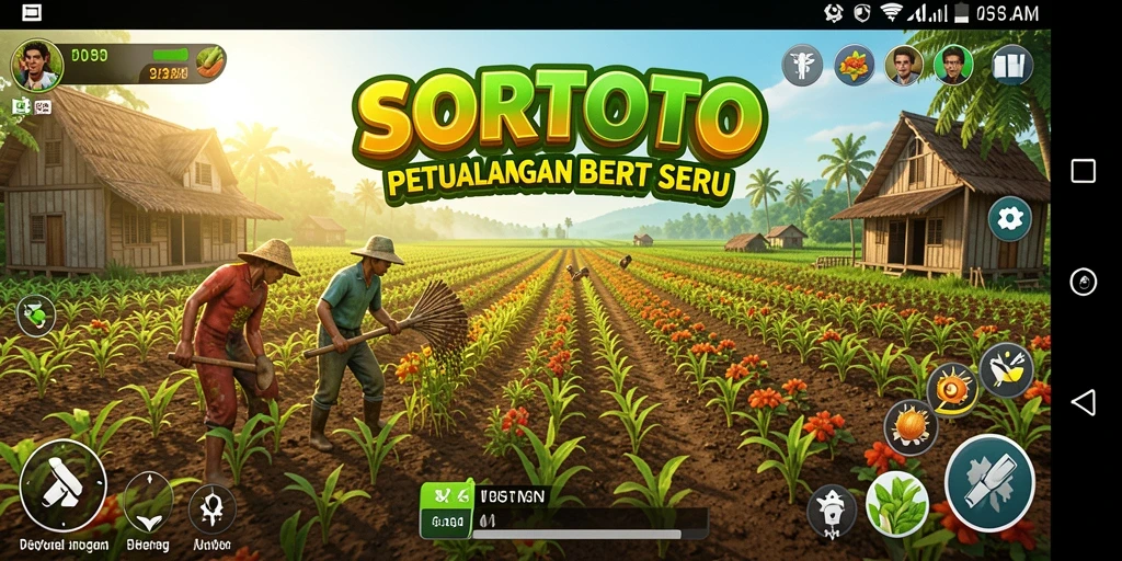 Tampilan layar permainan SORTOTO menampilkan pengalaman bertani yang seru.