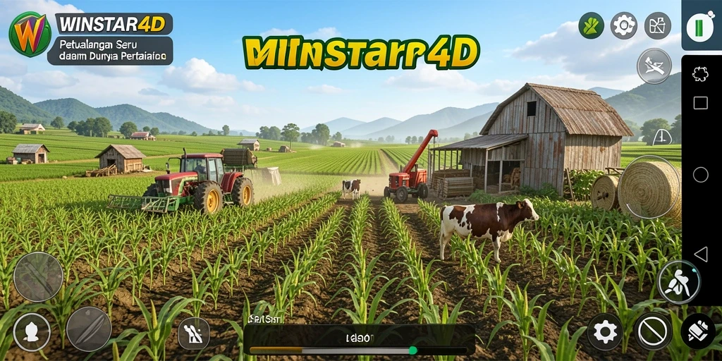 Tampilan screenshot utama WINSTAR4D menampilkan ladang yang subur dan tanaman yang beragam.
